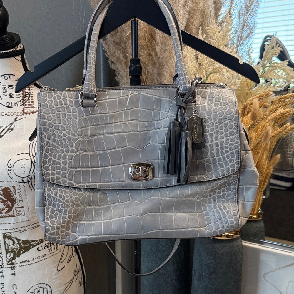 Coach Legacy Crocodile Embossed Satchel in Gray Quartz COA